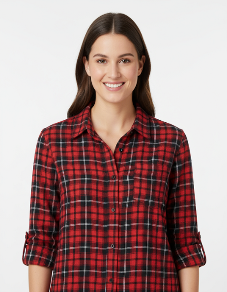 Ladies Long Sleeve, Roll Tab, Red Soft Brushed Flannel Plaid Shirt. Style 2973