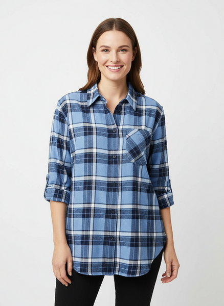 Ladies Long Sleeve, Cotton Twill Plaid, Roll Tab Sleeve Shirt. Blue/Navy. Style 3089