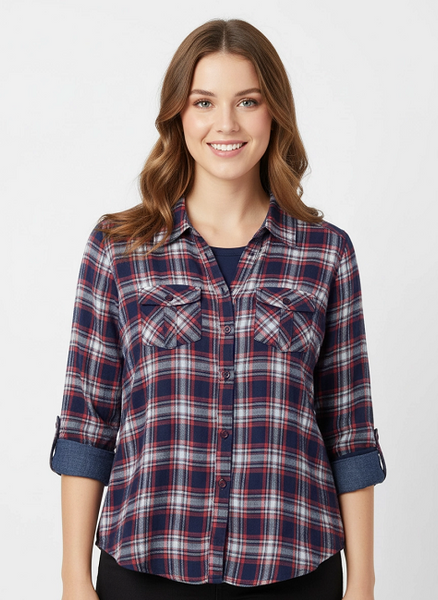 Women's 100% cotton, light weight, double faced, roll tab sleeve, plaid button-down shirt. Navy/Red style 3295