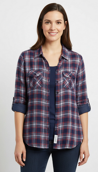 Women's 100% cotton, light weight, double faced, roll tab sleeve, plaid button-down shirt. Navy/Red style 3295