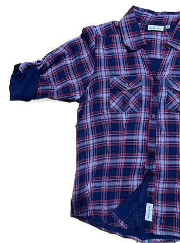 Women's 100% cotton, light weight, double faced, roll tab sleeve, plaid button-down shirt. Navy/Red style 3295