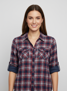 Ladies 100% cotton, light weight, double faced, roll tab sleeve, plaid button-down shirt. Navy/Red style 3295