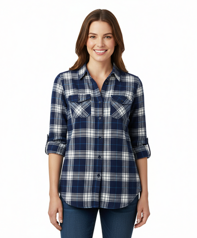 Ladies 100% cotton, light weight ,double faced, roll tab sleeve plaid button down shirt. Navy multi Style 3296
