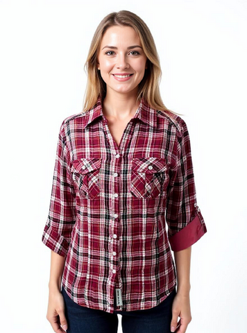 Ladies 100% cotton, light weight, double faced, roll tab sleeve, plaid button-down shirt. Red/White style 3297