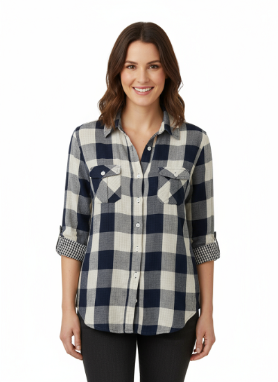 Ladies 100% cotton, light weight, double faced, roll tab sleeve, plaid button down shirt. Navy/cream Style 3299
