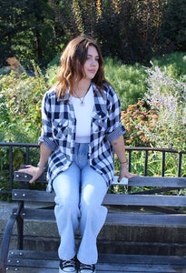Ladies 100% cotton, light weight, double faced, roll tab sleeve, plaid button down shirt. Navy/cream Style 3299