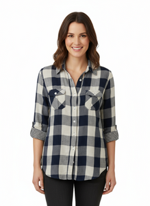 Ladies 100% cotton, light weight, double faced, roll tab sleeve, plaid button down shirt. Navy/cream Style 3299