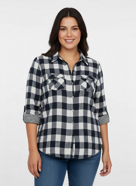 Women's 100% cotton, light weight, double faced, roll tab sleeve, plaid button down shirt. Black/white style 3300