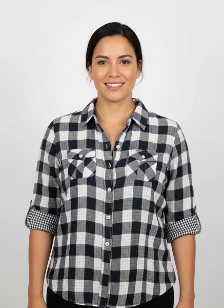 Women's 100% cotton, light weight, double faced, roll tab sleeve, plaid button down shirt. Black/white style 3300