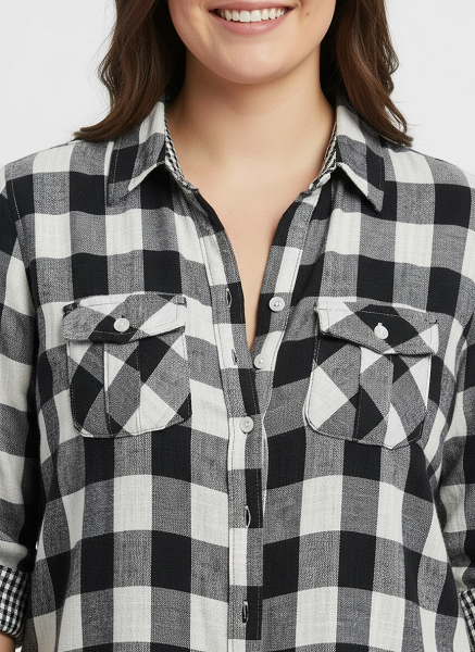 Women's 100% cotton, light weight, double faced, roll tab sleeve, plaid button down shirt. Black/white style 3300