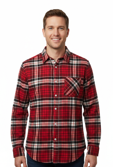 Men's Classic Long Sleeve Brushed Flannel Shirt. Red/Black Style 2232