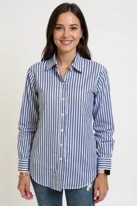 Ladies Long Sleeve, Cotton, Blue and White stripe, 3 button back shirt. Style# 4306