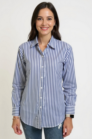Ladies Long Sleeve, Cotton, Blue and White stripe, 3 button back shirt. Style# 4306