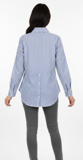 Ladies Long Sleeve, Cotton, Blue and White stripe, 3 button back shirt. Style# 4306