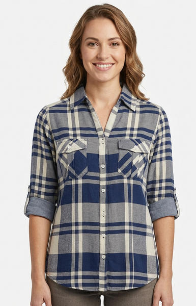 Women's 3/4 sleeve roll tab, 100% cotton double fabric, button front shirt. Style 4322. Navy/Cream