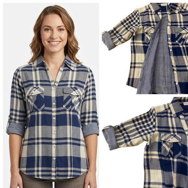 Women's 3/4 sleeve roll tab, 100% cotton double fabric, button front shirt. Style 4322. Navy/Cream