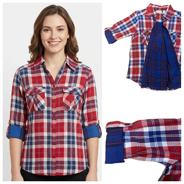 Women's 3/4 sleeve roll tab, 100% cotton double faced fabric, button front shirt. Style 4324 Red/Navy