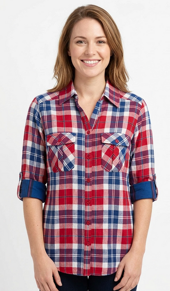 Women's 3/4 sleeve roll tab, 100% cotton double faced fabric, button front shirt. Style 4324 Red/Navy