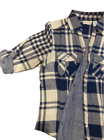 Women's 3/4 sleeve roll tab, 100% cotton double fabric, button front shirt. Style 4322. Navy/Cream