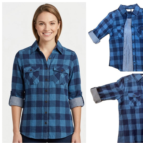 Women’s 3/4 sleeve roll tab, 100% cotton double faced fabric, button front shirt. Style 4326. Navy/Denim