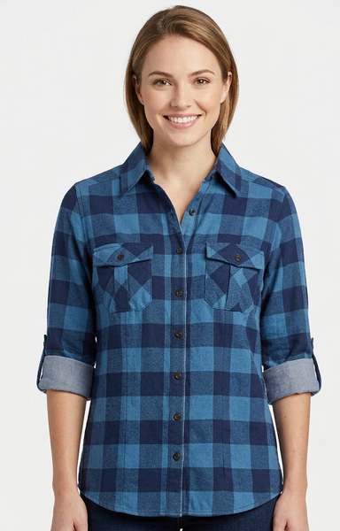 Women’s 3/4 sleeve roll tab, 100% cotton double faced fabric, button front shirt. Style 4326. Navy/Denim