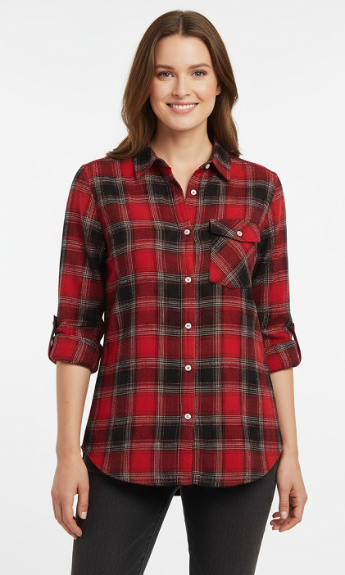 Ladies long sleeve, roll tab, button front, Soft Brushed, flannel shirt. style 61869 in Red and Royal