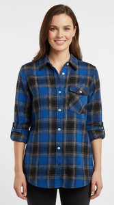 Ladies long sleeve, roll tab, button front, Soft Brushed, flannel shirt. style 61869 in Red and Royal