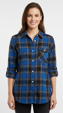 Ladies long sleeve, roll tab, button front, Soft Brushed, flannel shirt. style 61869 in Red and Royal