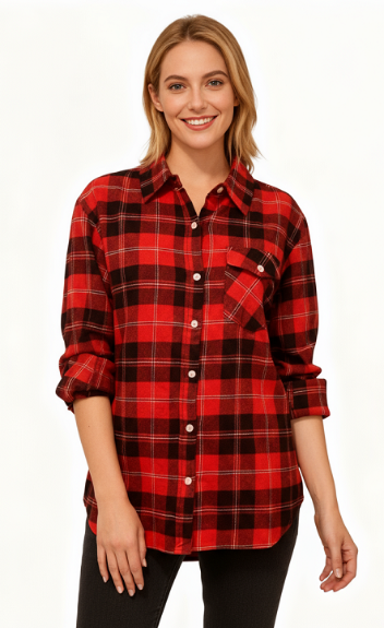 Ladies long sleeve, Roll tab, button front, one pocket Soft Brushed flannel shirt, Style 64258 in Red/White and Royal Blue/White