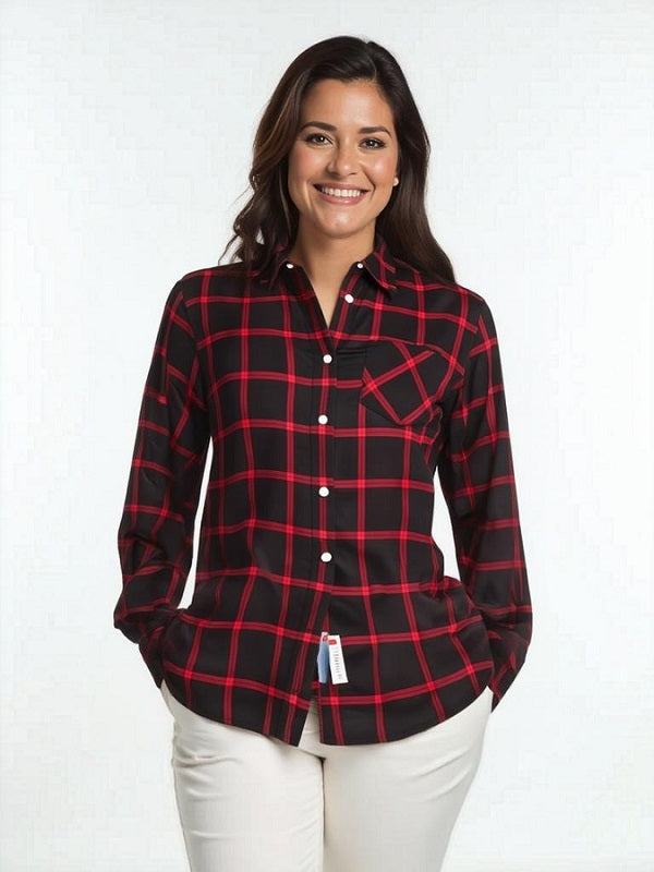 Women's Long Sleeve, Rayon, Button Down Plaid Shirt. Black/Red. Style# 8253