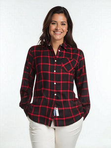 Women's Long Sleeve, Rayon, Button Down Plaid Shirt. Black/Red. Style# 8253