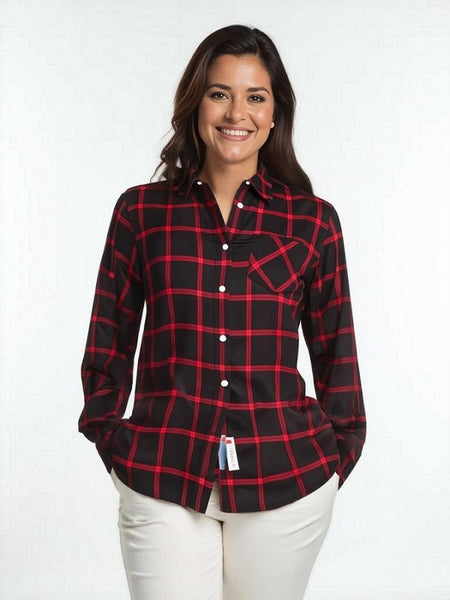 Women's Long Sleeve, Rayon, Button Down Plaid Shirt. Black/Red. Style# 8253