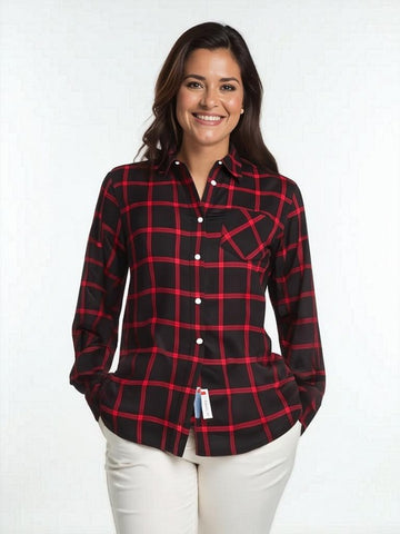 Women's Long Sleeve, Rayon, Button Down Plaid Shirt. Black/Red. Style# 8253