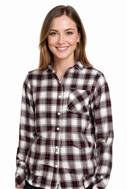 Women's Long Sleeve, Button Down Rayon Plaid Shirt. Black/Ivory. Style# 8276