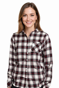 Women's Long Sleeve, Button Down Rayon Plaid Shirt. Black/Ivory. Style# 8276