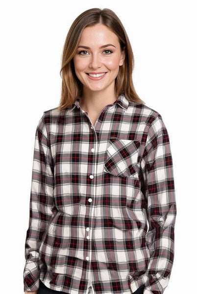 Women's Long Sleeve, Button Down Rayon Plaid Shirt. Black/Ivory. Style# 8276