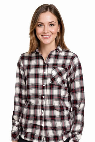 Women's Long Sleeve, Button Down Rayon Plaid Shirt. Black/Ivory. Style# 8276