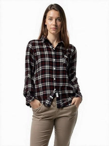 Women's Long Sleeve Rayon Plaid Shirt. Black/Cream. Style# 8459