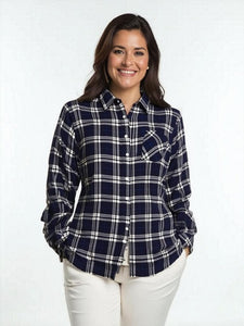 Women's Long sleeves, Rayon, Button Down Plaid Shirt. Navy/Cream Style #8460