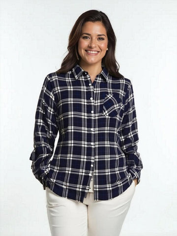 Women's Long sleeves, Rayon, Button Down Plaid Shirt. Navy/Cream Style #8460