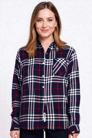 Women's Long Sleeves, Button Down, Rayon Plaid Shirt. Navy/White. Style# 8461