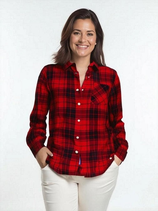 Women's Rayon, Long Sleeve, button front plaid shirt in Sizes S-XL & in Plus Sizes 1X-3X. XL / Red/Black