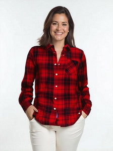 Women's Long Sleeve, Button Down, Rayon Plaid Shirt. Red/Black. Style# 8463