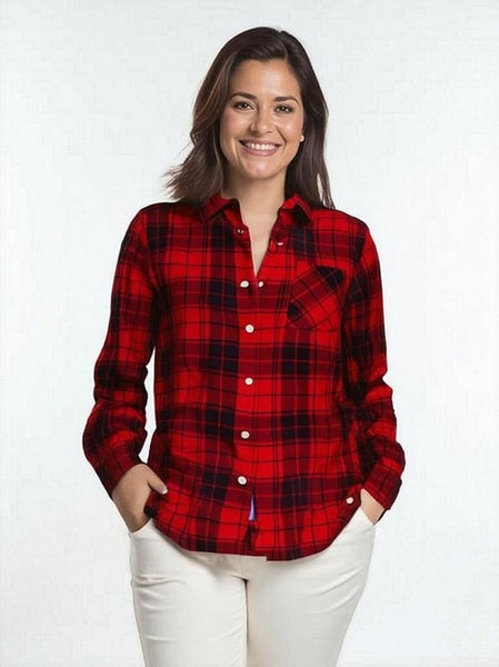 Women's Long Sleeve, Button Down, Rayon Plaid Shirt. Red/Black. Style# 8463