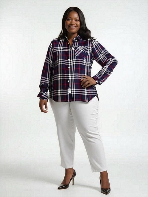 Women's Long sleeve, Rayon Plaid Button Front Shirt. Red/White. Style #8464