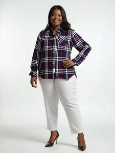 Women's Long sleeve, Rayon Plaid Button Front Shirt. Red/White. Style #8464