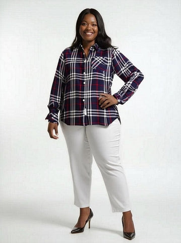 Women's Long sleeve, Rayon Plaid Button Front Shirt. Red/White. Style #8464