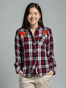 Women's Rayon, Long Sleeves, Button Down Shirt with Floral Embroidery. Navy/Red. Style# 8466