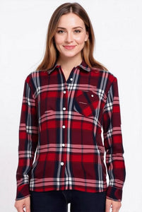 Women's Long sleeves, Button Down, Rayon Plaid Shirt. Navy/Red. Style# 8467