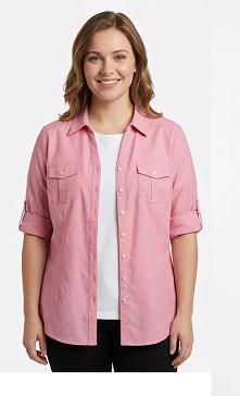 Ladies 100% cotton 3/4 roll on sleeve Women’s classic chambray shirt. Pink, Green, Light Blue, Dark blue. Style 197